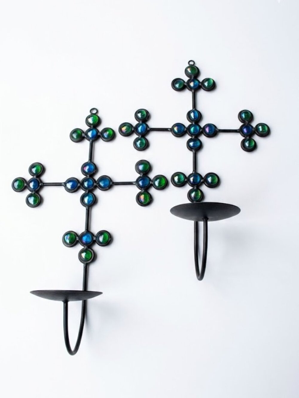 Set of 2 Jeweled Wrought Iron Wall Sconces - Iridescent Teal & Green